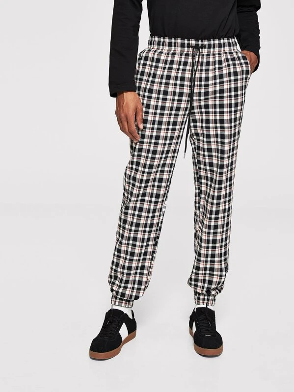 drawstring waist plaid trousers