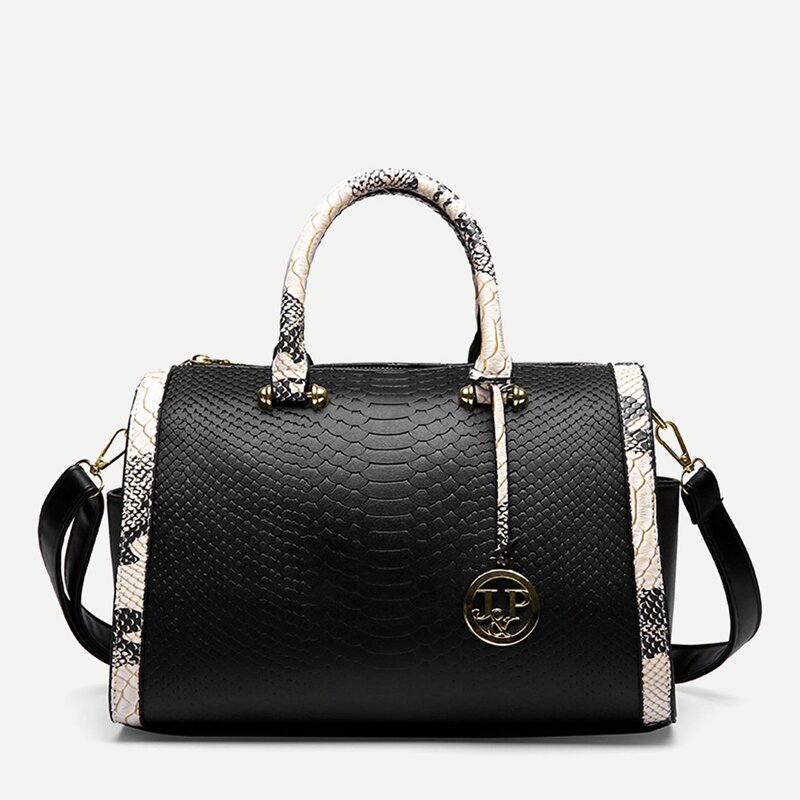 

Snake Embossed Satchel Bag, Black