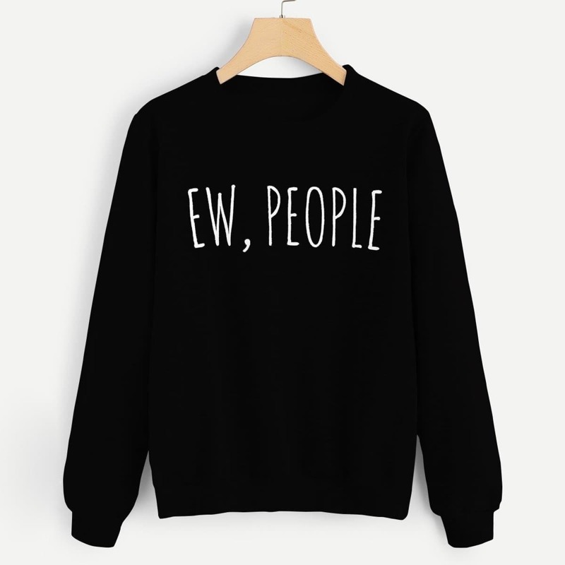 

Slogan Print Rib Trim Sweatshirt, Black