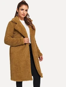 Solid Long Teddy Coat - Brown - View 3