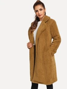 Solid Long Teddy Coat - Brown - View 4
