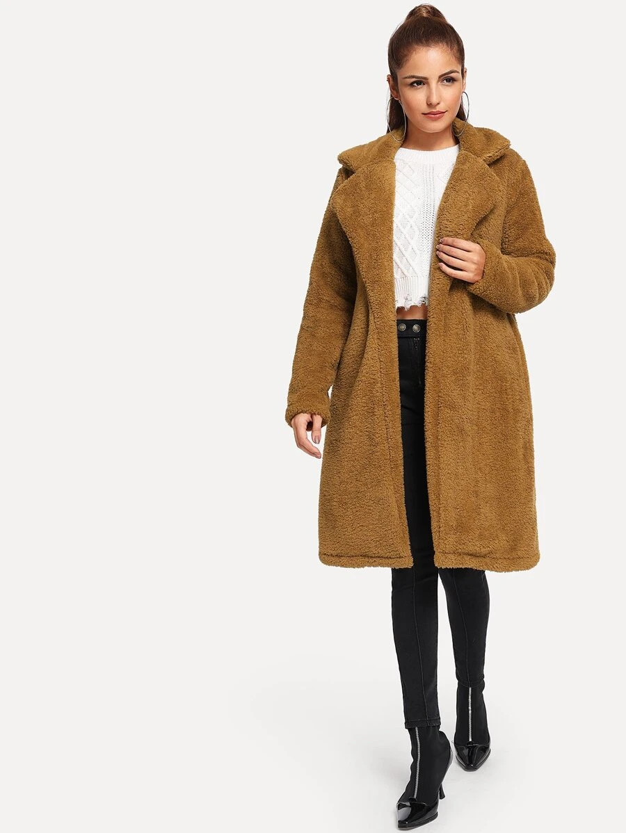 Solid Long Teddy Coat - Brown - View 1