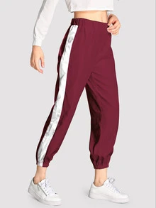 Pantalones con cinta lateral en contraste - Burdeos - Ver 1