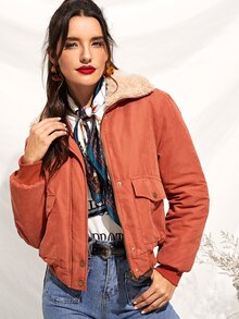 Button & Pocket Front Faux Fur Contrast Jacket