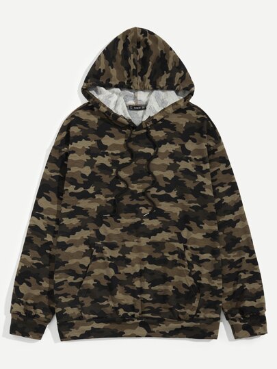 Men Pocket Front Drawstring Camo Print Hoodie