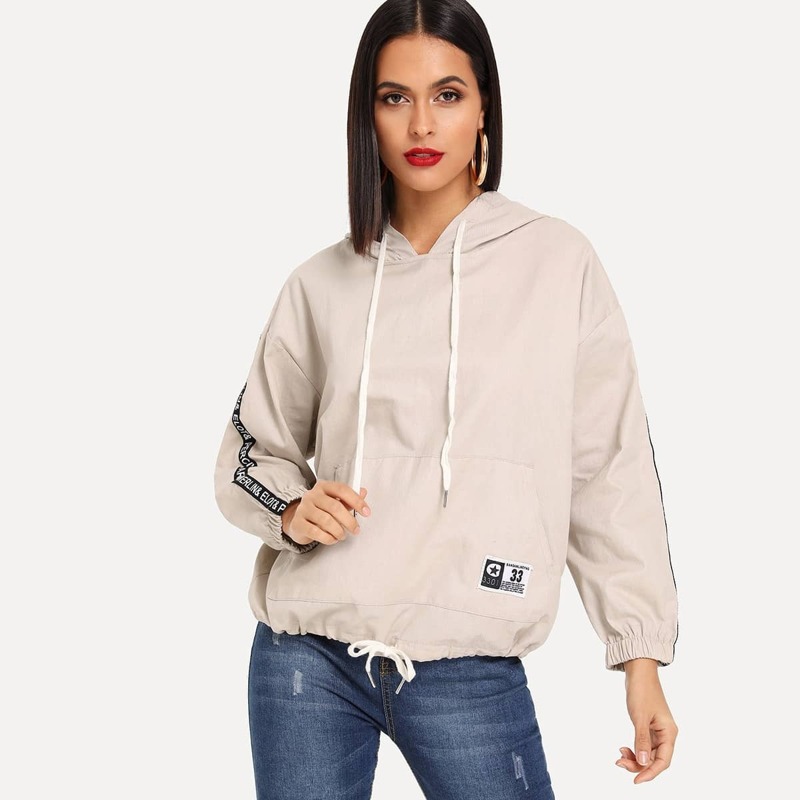 

Letter Print Kangaroo Pocket Drawstring Hoodie, Khaki