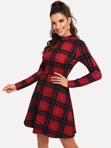 Mock-Neck Fit and Flare Plaid Dress