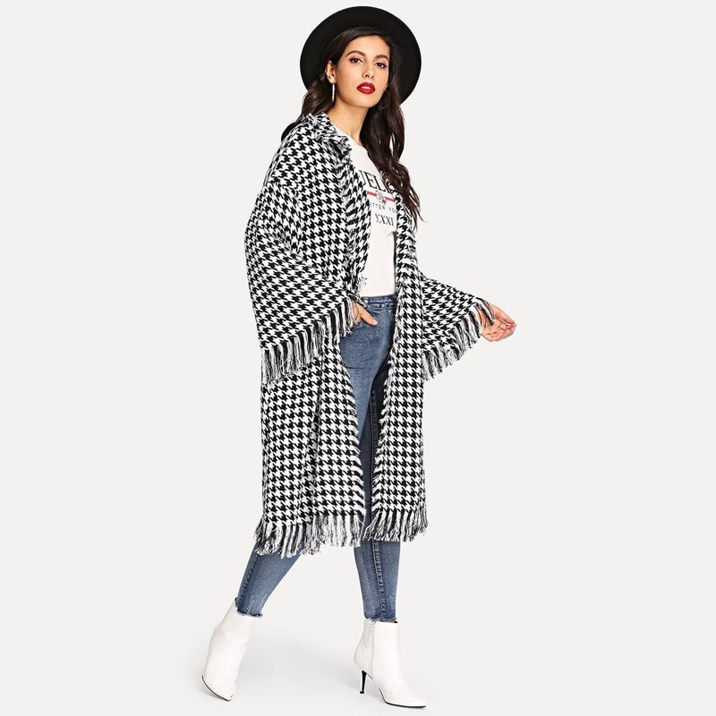 

Bell Sleeve Fringe Detail Houndstooth Coat, Black and white