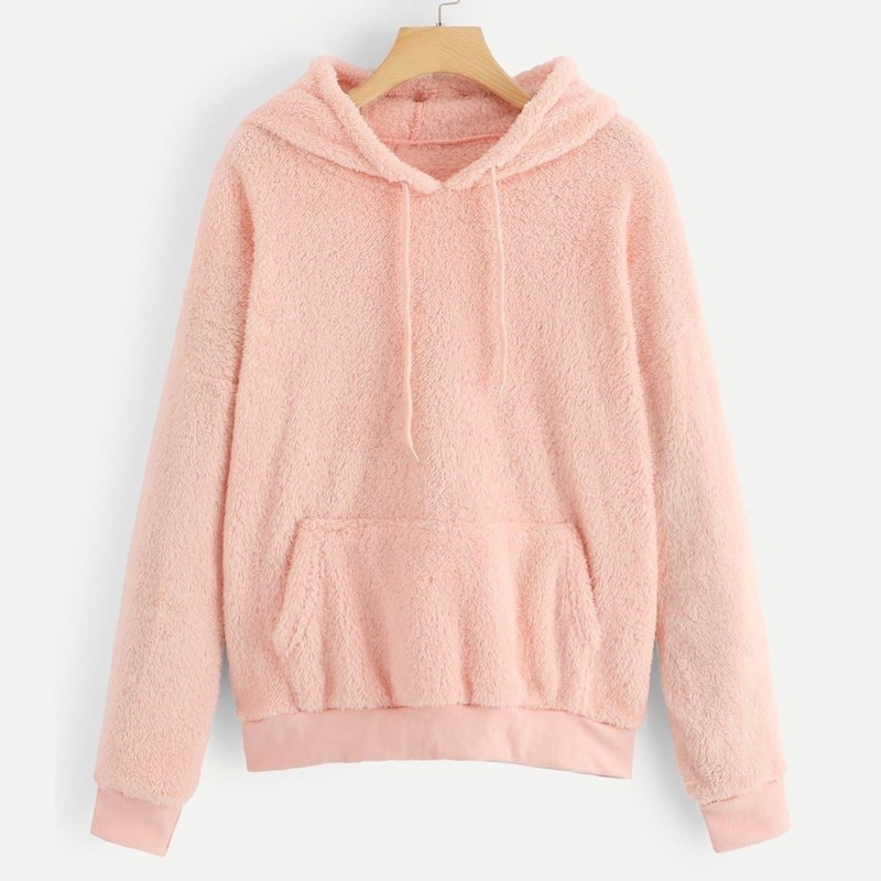 

Drop Shoulder Kangaroo Pocket Teddy Hoodie, Pink