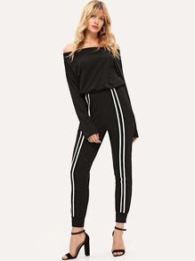 Asymmetrical Shoulder Striped Jumpsuit