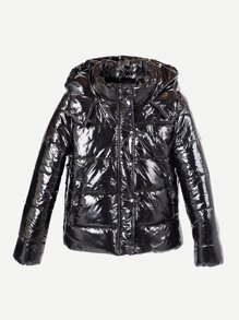 Patent Puffer Hooded Puffer Coat