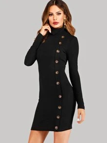 High Neck Side Button Rib Knit Dress - Black - View 3
