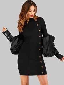 High Neck Side Button Rib Knit Dress - Black - View 4