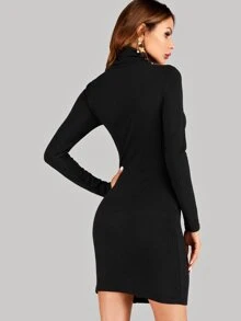 High Neck Side Button Rib Knit Dress - Black - View 2