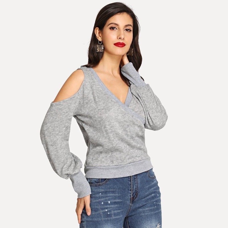 

Cold Shoulder V-Neck Sweater, Grey