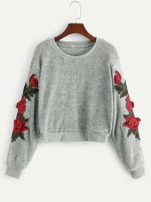 Floral Appliques Drop Shoulder Teddy Sweatshirt