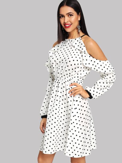 Open Shoulder Ruffle Dot Dress pictures