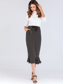Ruffle Hem Drawstring Stripe Skirt