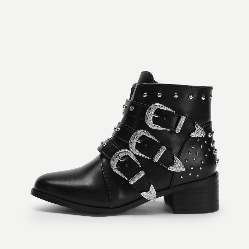 

Studded Buckled Ankle Boots, Black
