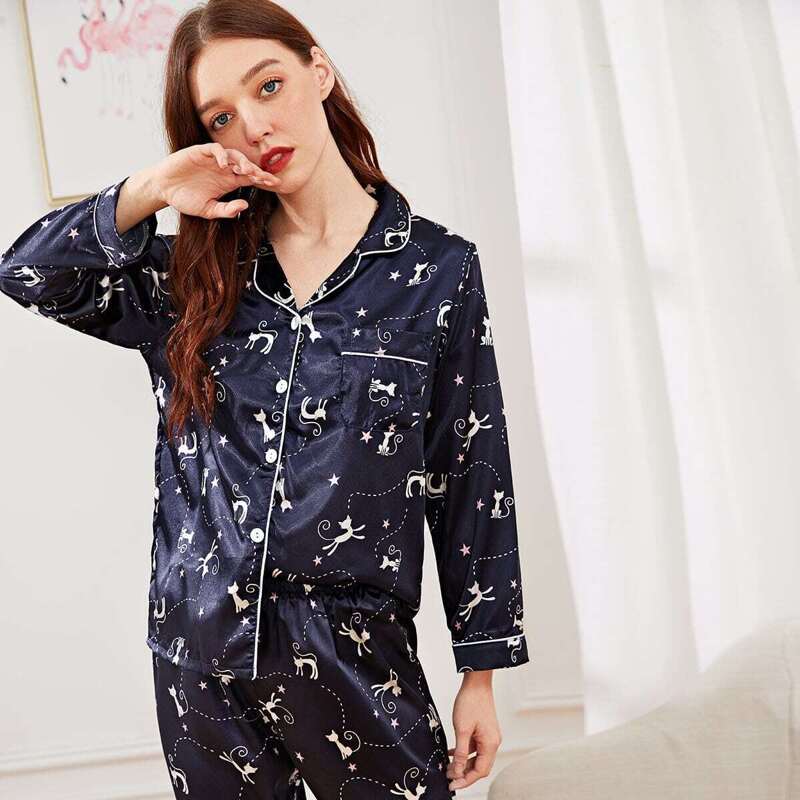 

Cat & Star Print Button Up Pajama Set, Multicolor