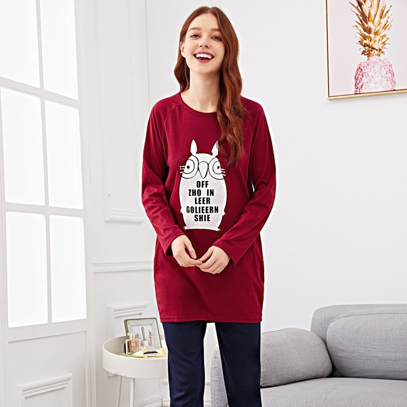 

Owl & Letter Print Pajama Set, Multicolor