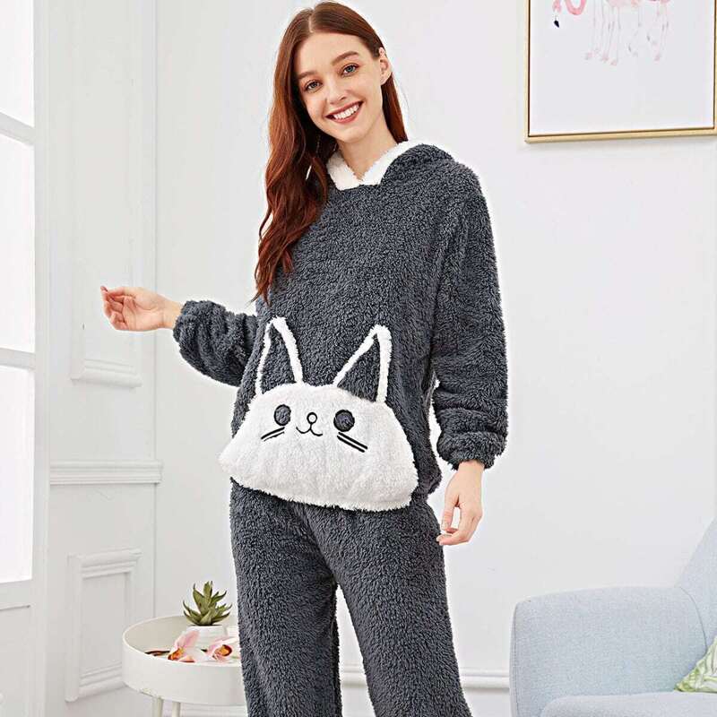 

Rabbit Pattern Plush Pajama Set, Grey