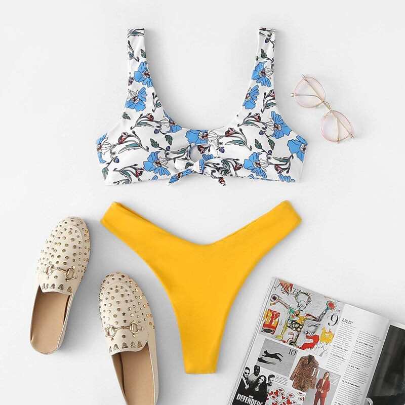 

Knot Front Cut Out Top With High Leg Bikini Set, Multicolor