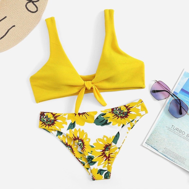 

Knot Front Top With Floral Pattern Bikini, Yellow bright