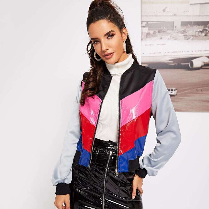 

Cut And Sew Color Block Bomber Jacket, Multicolor