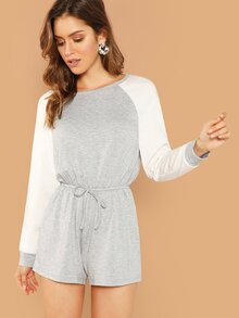 Raglan Sleeve Drawstring Waist Heathered Knit Romper