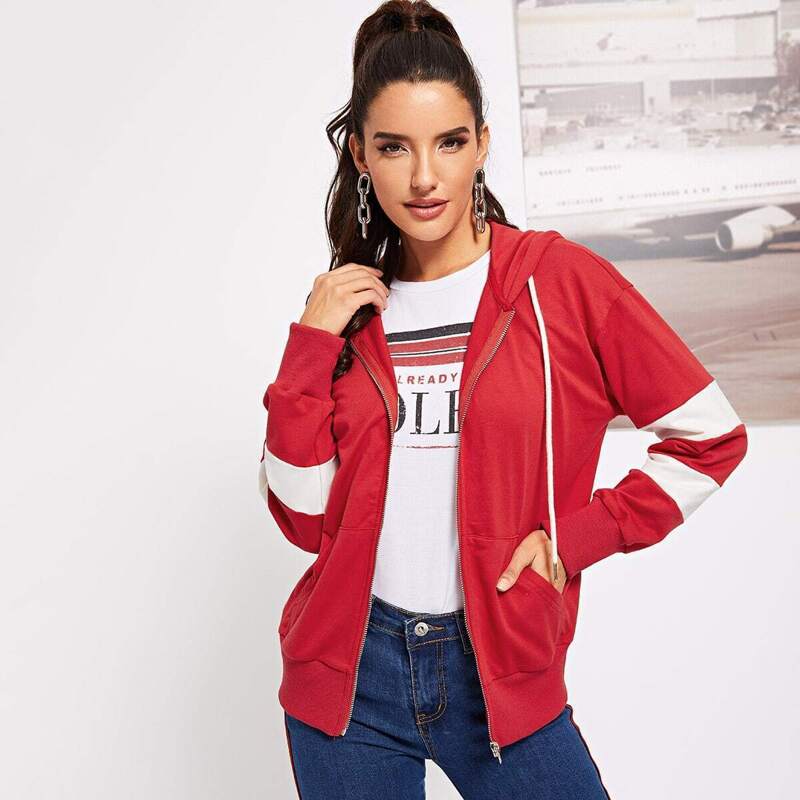 

Color Block Pocket Front Zip Up Hoodie, Red
