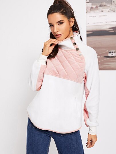 Buttoned High Neck Two Tone Quilted Pullover pictures