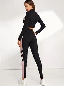 SHEIN Zip Front Striped Sweatshirt & Trousers Set - Black - View 2