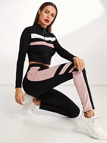 SHEIN Zip Front Striped Sweatshirt & Trousers Set - Black - View 1