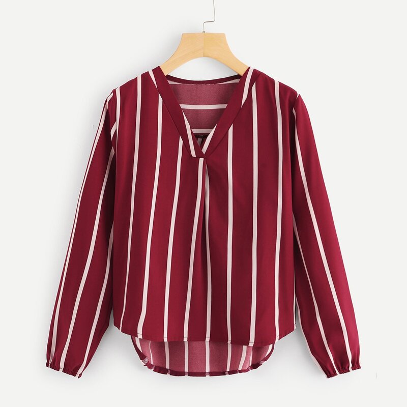 

Vertical Striped V-Neck Blouse, Burgundy