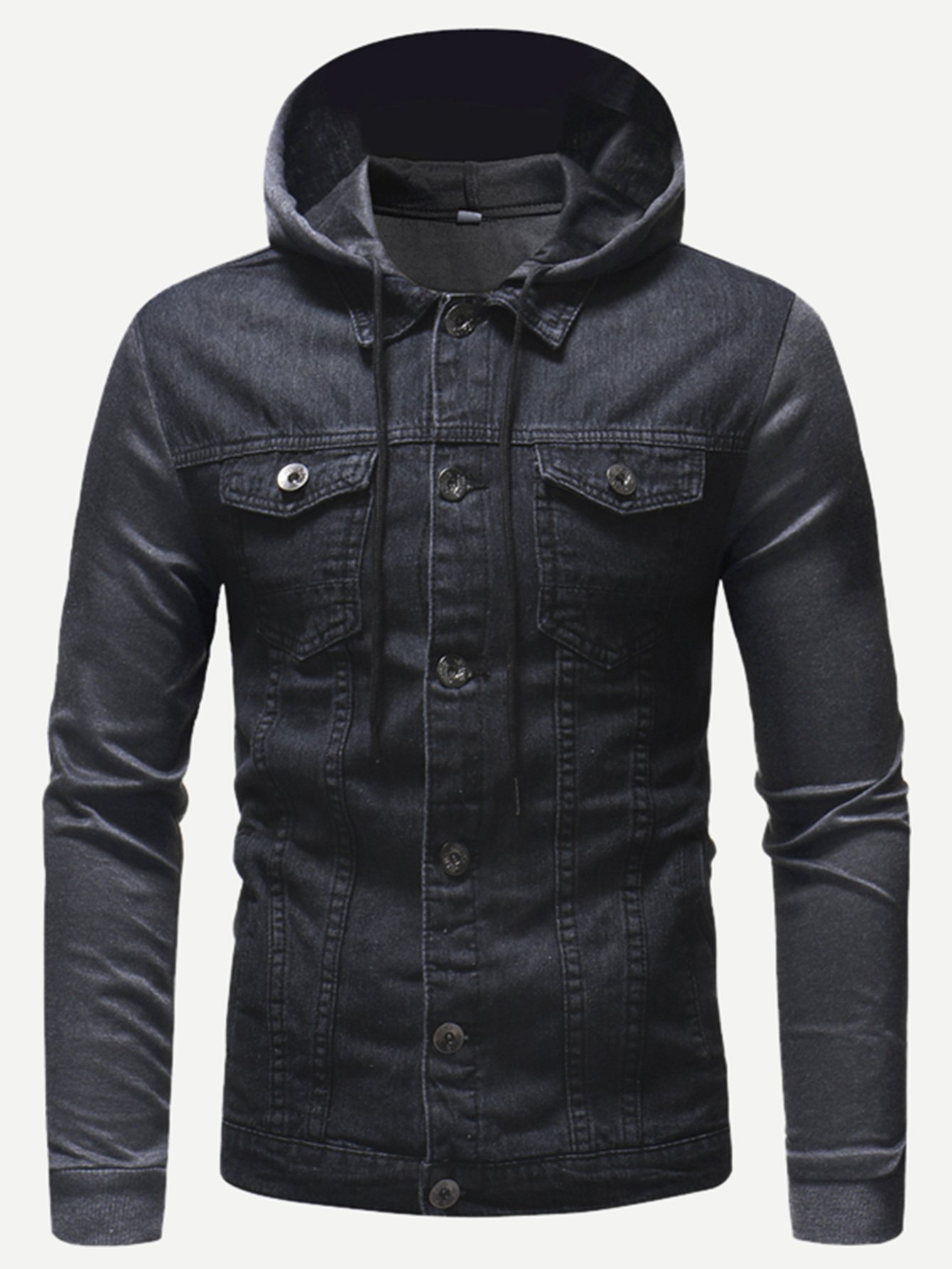 Men Cut And Sew Solid Hooded Denim Jacket