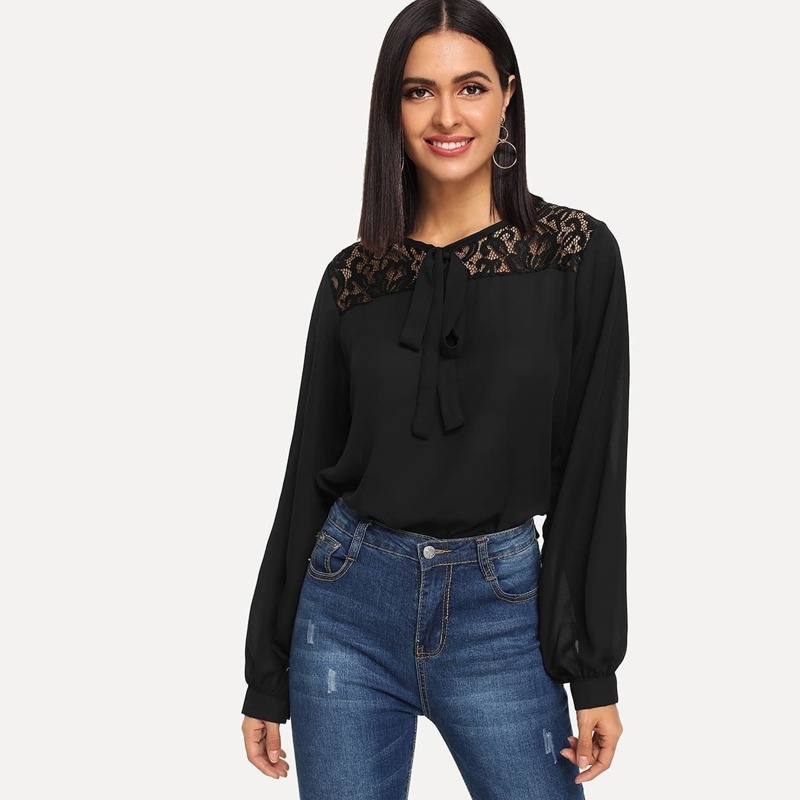 

Contrast Lace Tie Neck Blouse, Black
