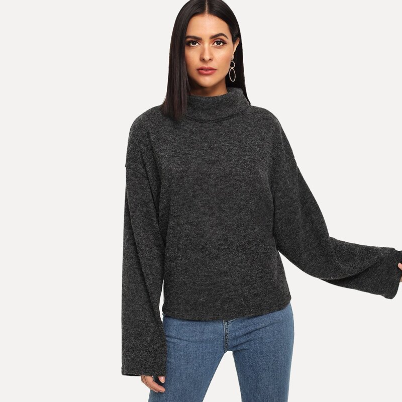 

Solid High Neck Sweater, Black