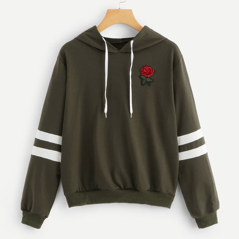 

Rose Embroidered Varsity Sleeve Hoodie, Army green