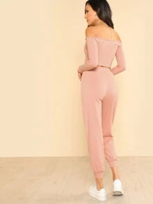 SHEIN Conjunto deportivo de pantalón largo y top corto con hombros descubiertos - Rosa coral - Ver 2