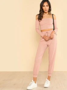 SHEIN Conjunto deportivo de pantalón largo y top corto con hombros descubiertos - Rosa coral - Ver 5
