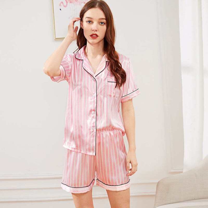 

Striped Button Up Satin Pajama Set, Pink