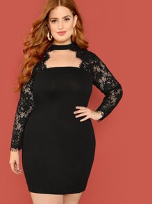 Plus Lace Sleeve Choker Neck Dress