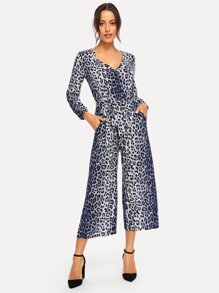 Waist Belted Leopard Print V-Neck Jumpsuit