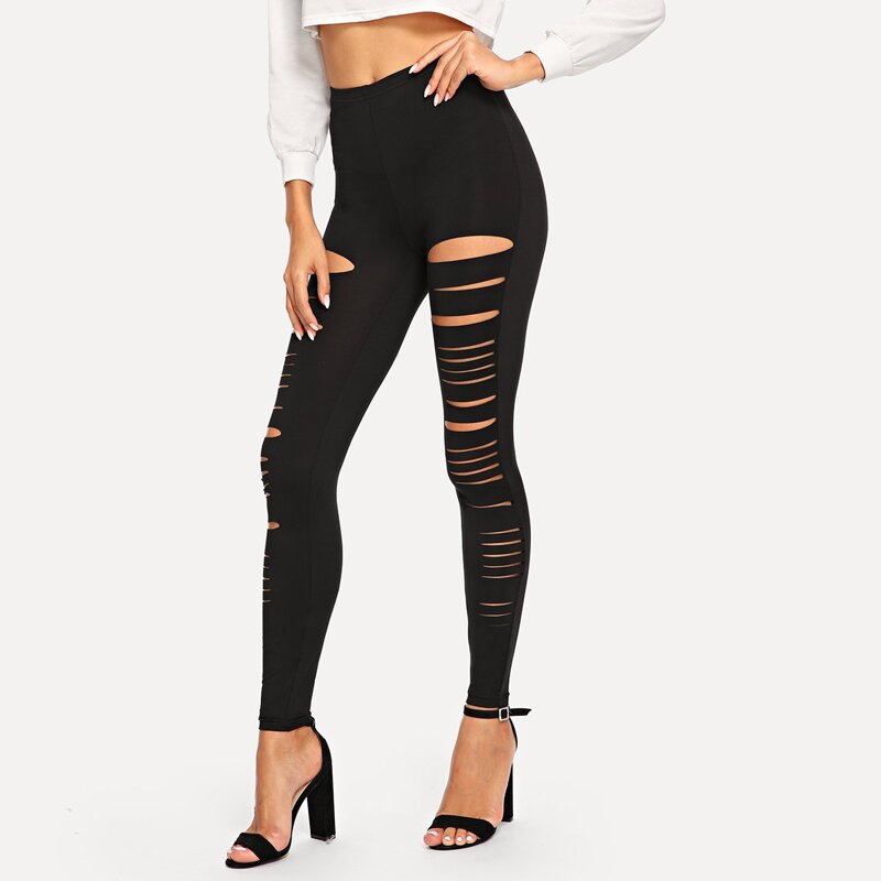 

Ripped Solid Leggings, Black