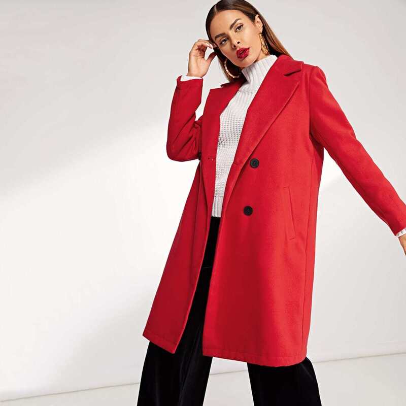 

Solid Double Breasted Coat, Red
