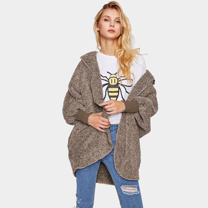 

Wide Cuff Hooded Dolman Sleeve Fluffy Teddy Coat, Khaki