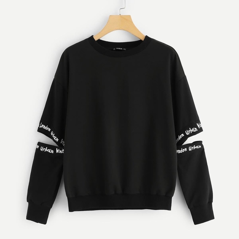 

Letter Print Open Elbow Sweatshirt, Black