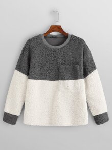 Color Block Pocket Front Teddy Pullover
