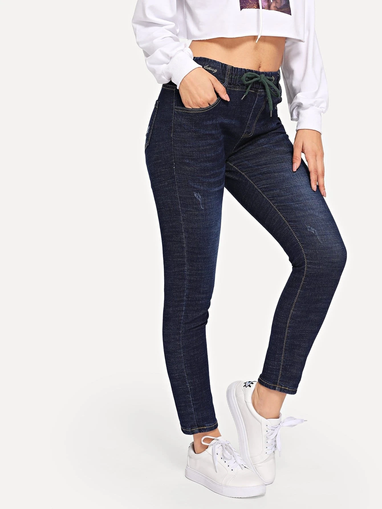 faded wash drawstring waist jeans